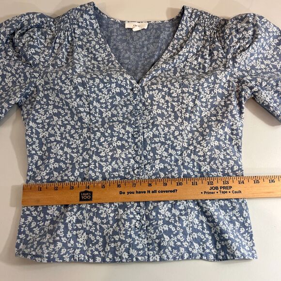 A Loves A Women's Blue Floral Short Sleeve V-Neck Top 100% Cotton Size XS - Picture 10 of 12